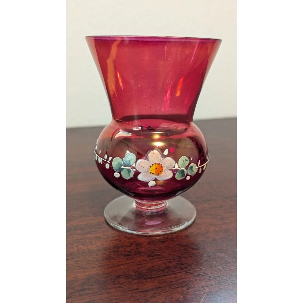 Vintage Ruby Red Glass Hand Painted Floral Vase Goblet Enamel Daisy 5in Small